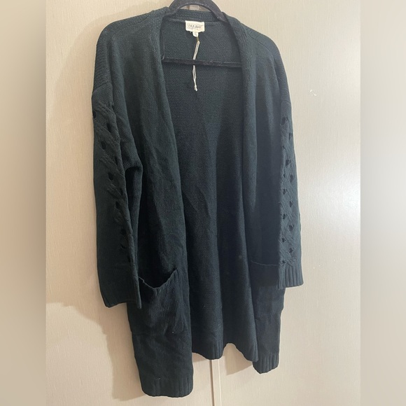 143 story line up NWOT large Cozy Black Open Sweater cardigan eyelet pocket - Picture 1 of 3